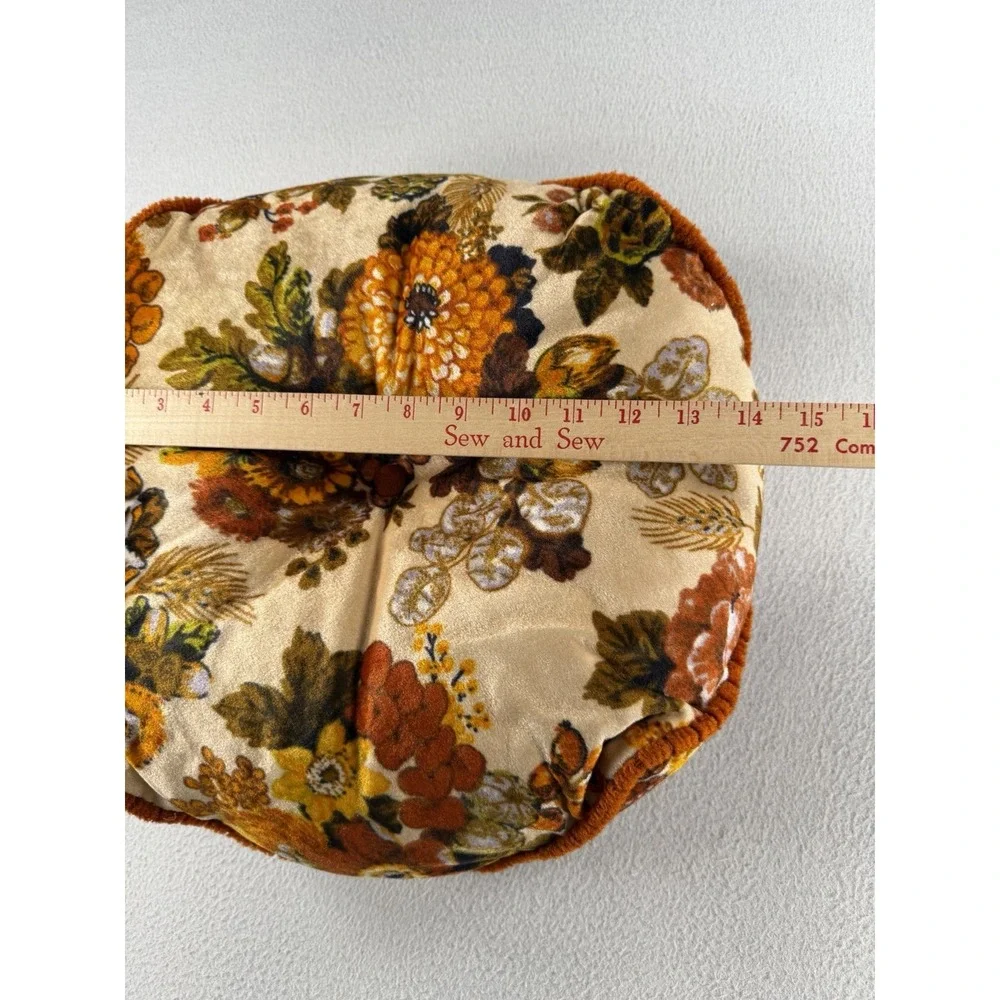VTG 70s Velvet Floral Round Throw Pillow Orange Green Retro Boho MCM